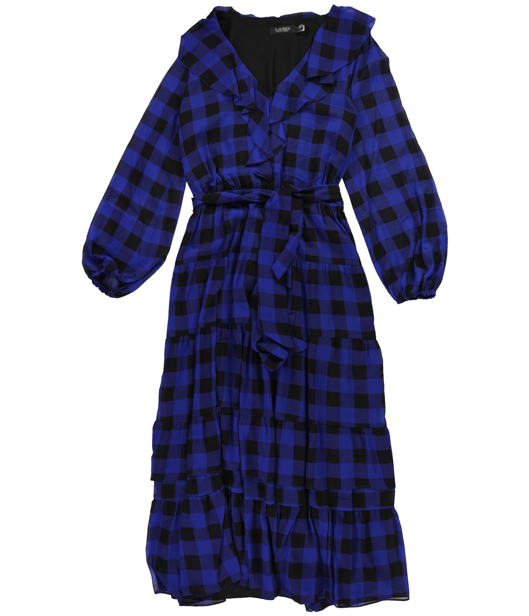Ralph Lauren Womens Buffalo Check Belted Georgette Tiered Dress, navy ...