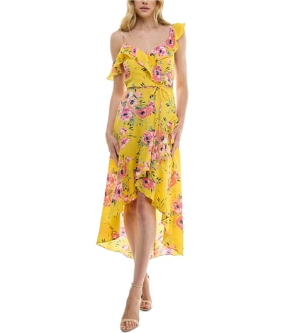 Textured Wrap Ruffled High-Low Asymmetrical Dress