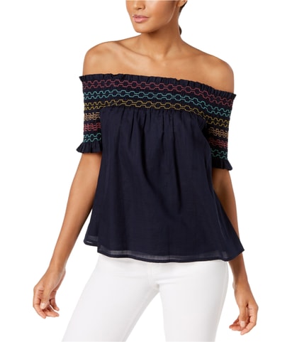 Smocked Embroidered Off the Shoulder Blouse