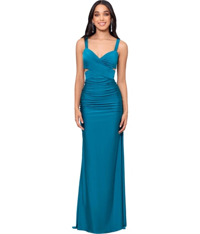 Long Cutout Satin Knit Gown Dress