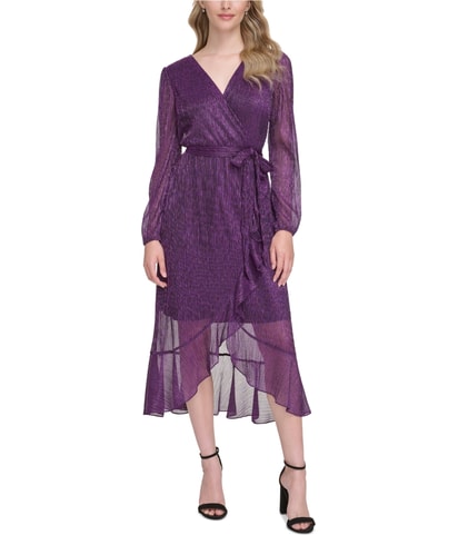 Metallic Crinkle Wrap Dress