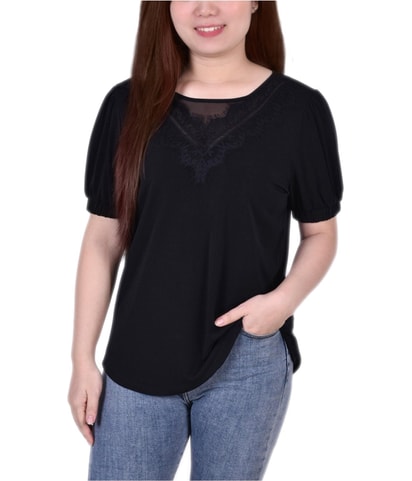 Lace Neckline Puff Sleeve Jersey Knit Shell Blouse