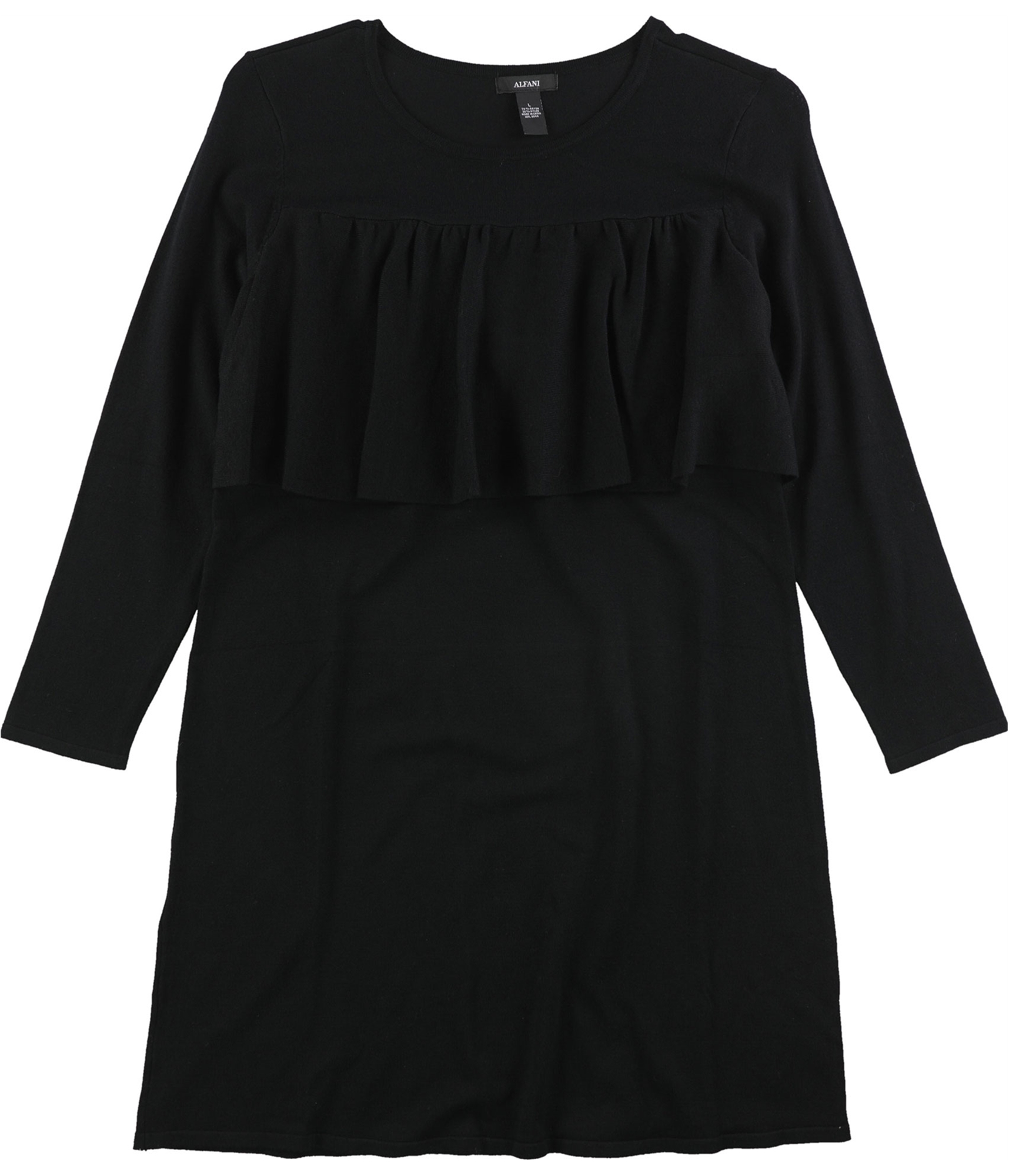 black sweater dress with poplin frill Alfani Womens Ruffle Trim Sweater Dress, Black, Large