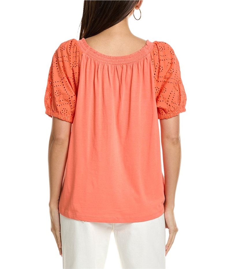 Jones New York Womens Eyelet Puff Sleeve Knit Blouse
