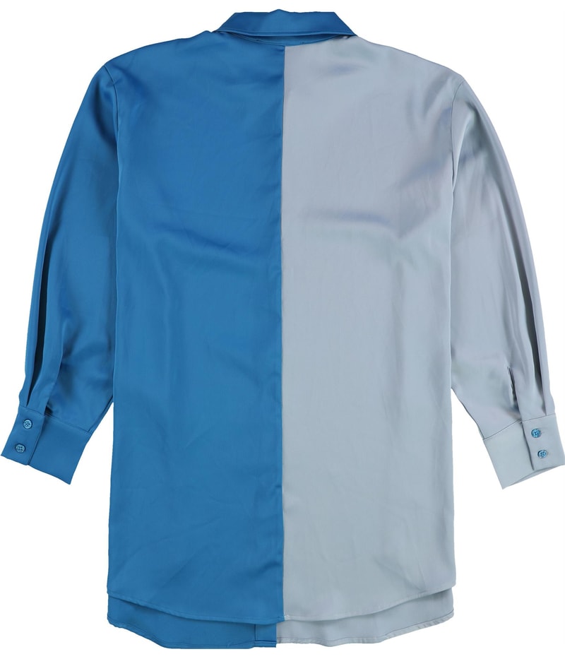 Nina Parker Womens Color Blocked Woven Button Up Shirt in Light Blue, view 2