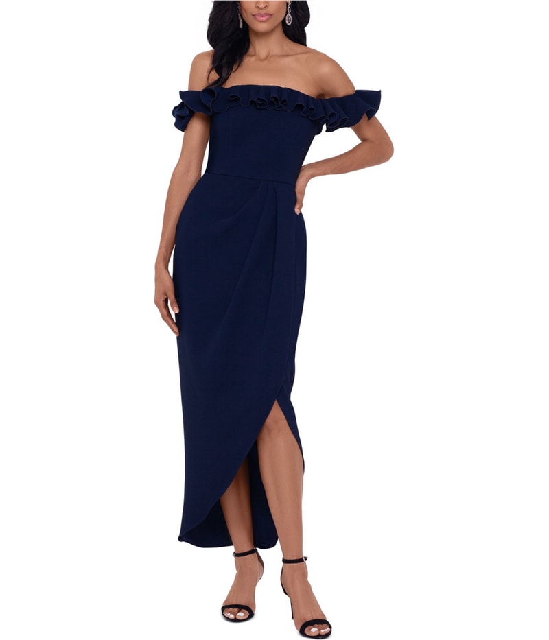 xscape navy blue dress Womens Evening Off-The-Shoulder Fitted - Cute Glitter Tulle High-low aidescribed back zipper provides dependable Color:BORDO