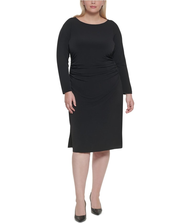 Calvin Klein Women's Stretch Ruched Zippered Long Sleeve Round Neck Midi Wear To Work Sheath Dress Black Size Small