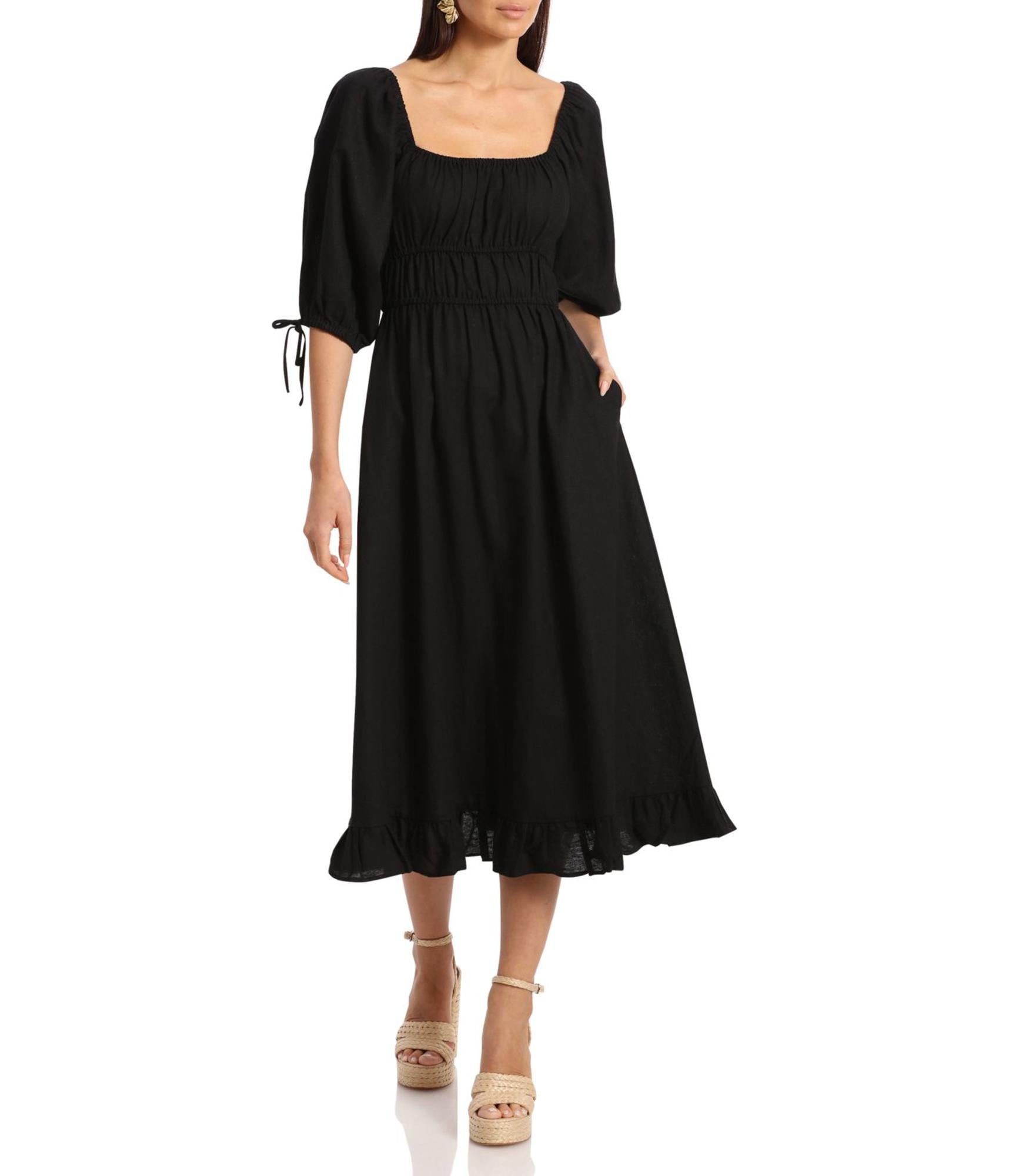 a line black linen dress Katherine Linen Dress | V-Neck A-Line in Black & White