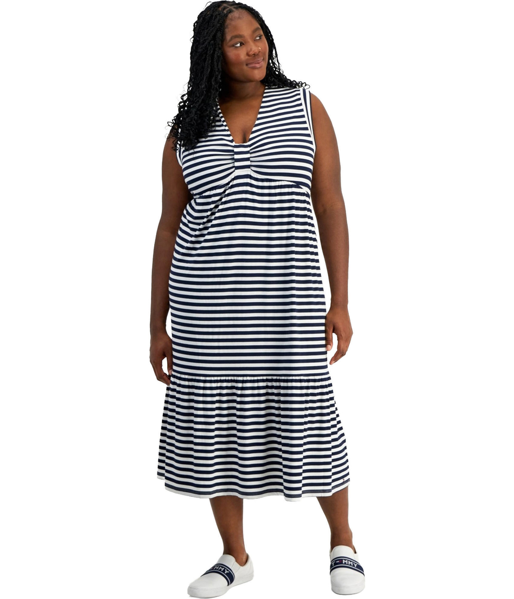 Tommy Hilfiger Womens Striped Sleeveless Tiered Midi Dress - Picture 2 of 6