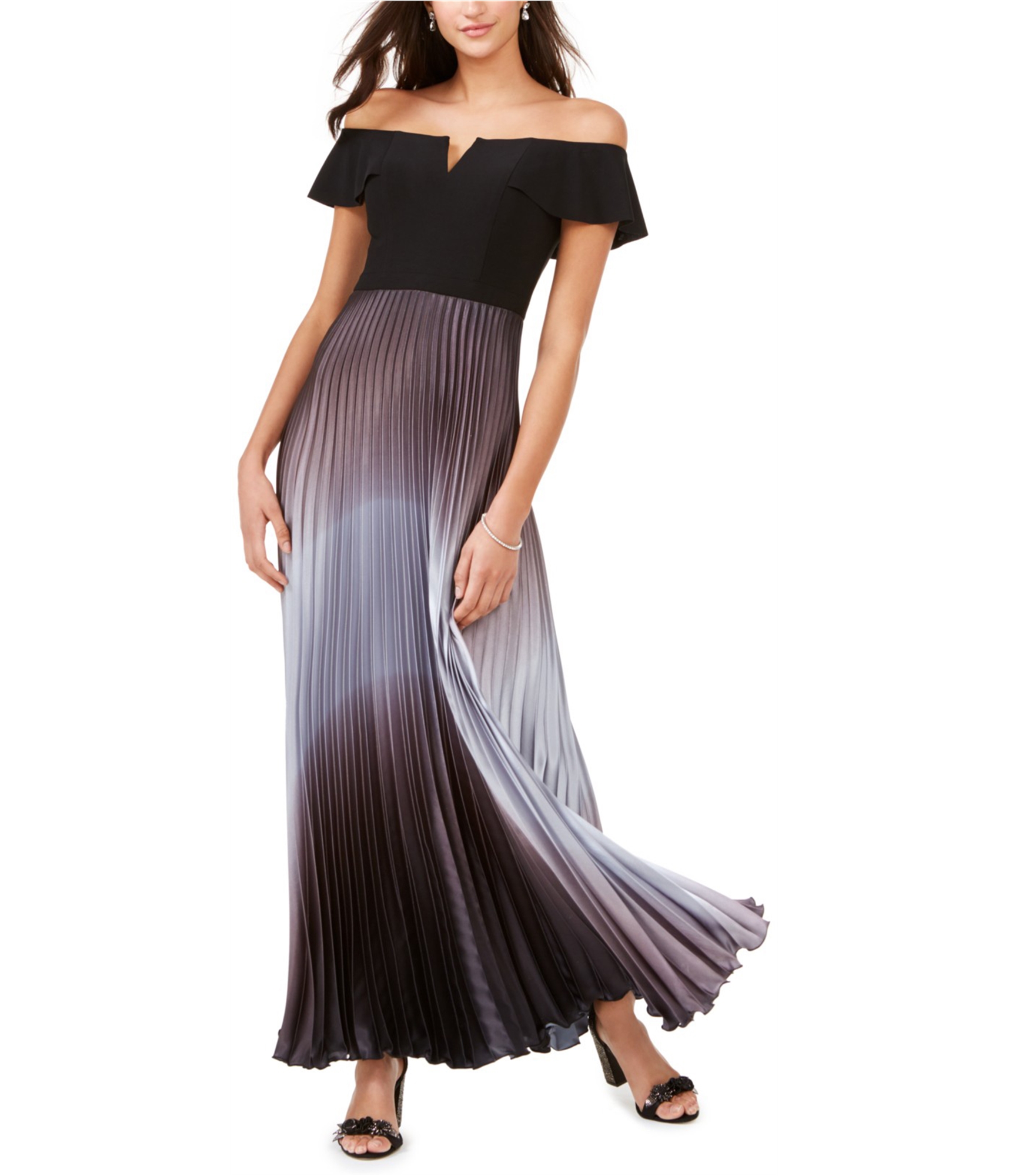 Betsy & Adam Womens Pleated Off-Shoulder Gown Dress, black, 4