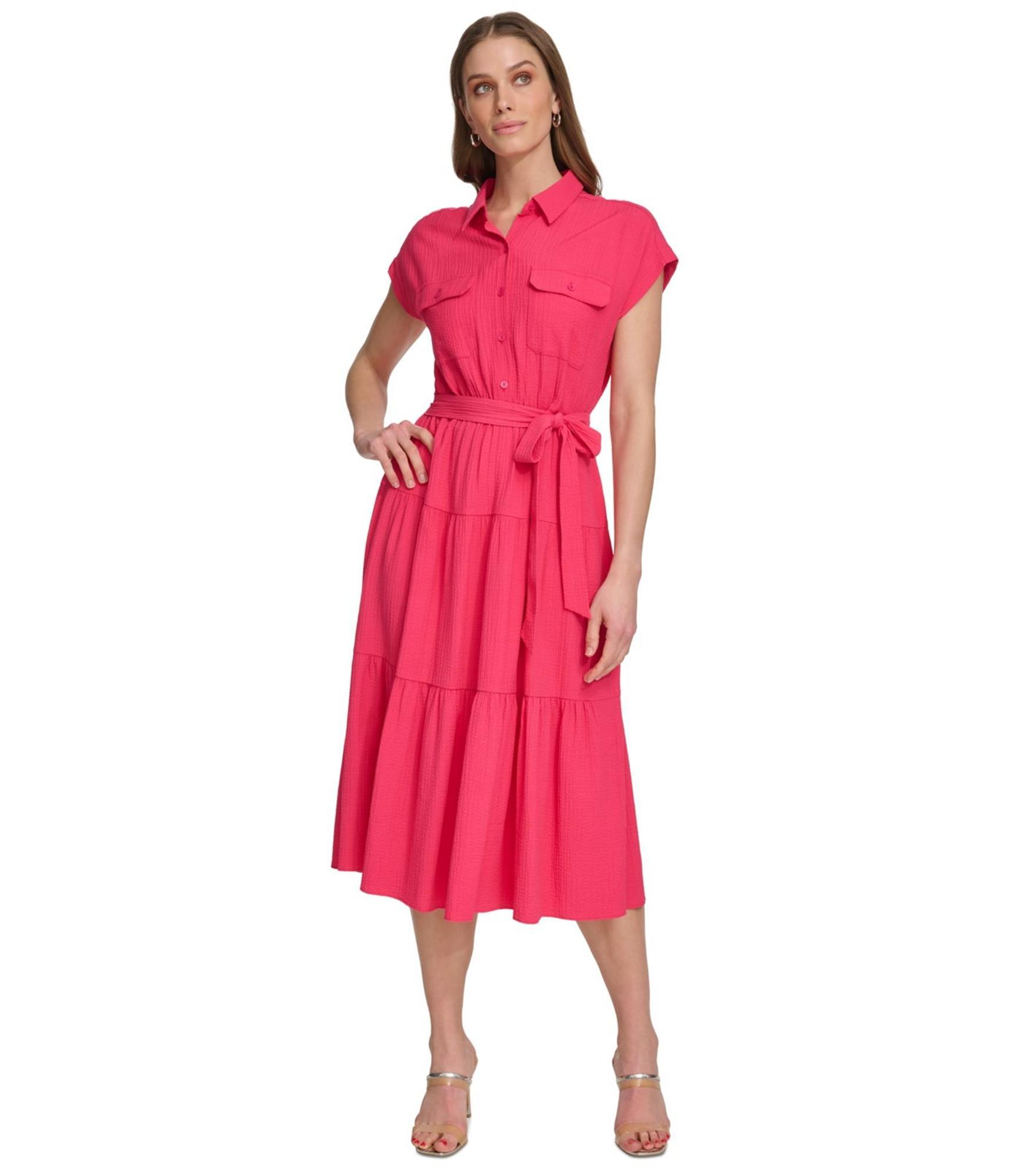 dkny belted midi dress DKNY Women's Sleeveless Button Front Poplin Dress WITH SELF BELT in White Size Large