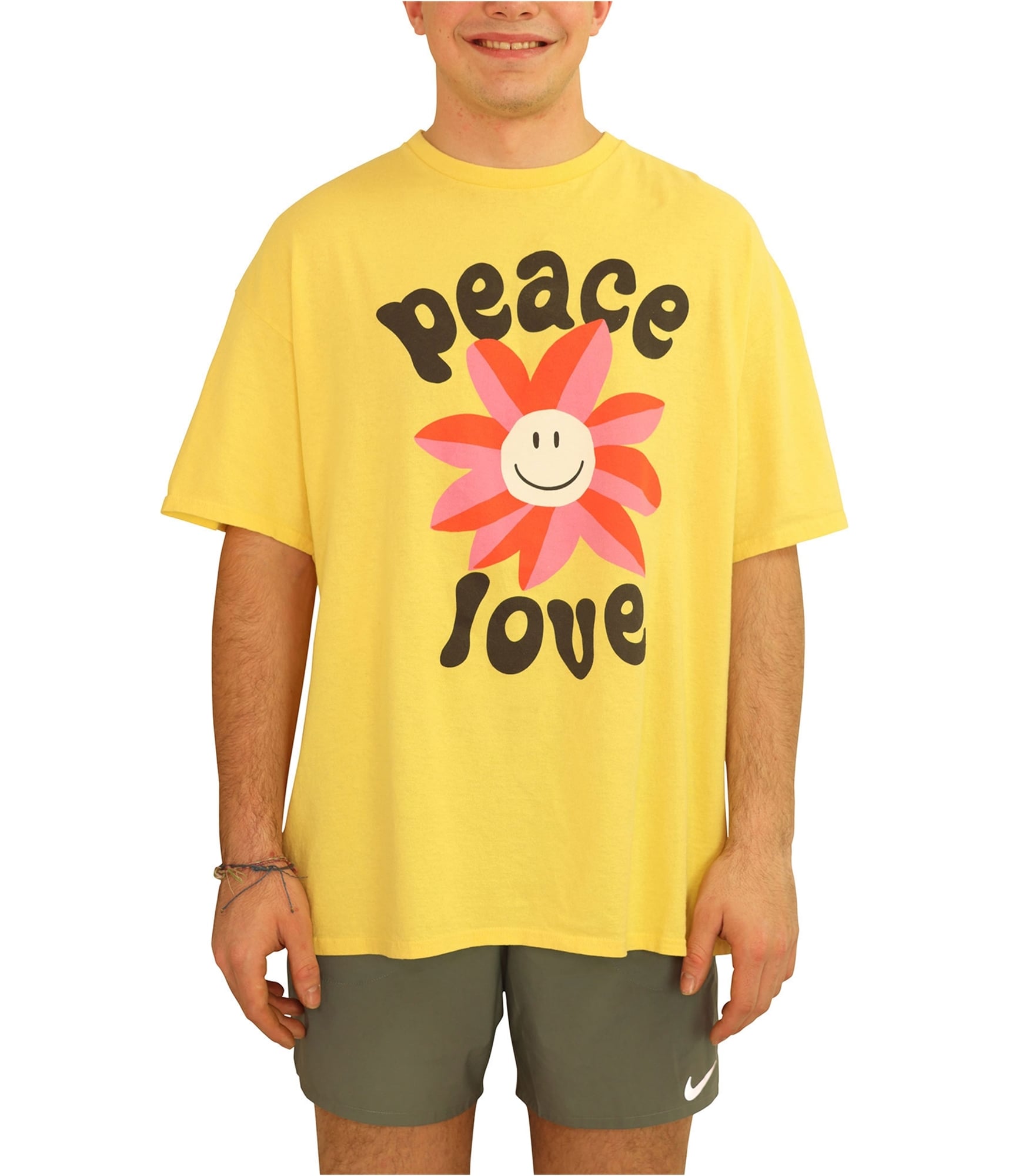 Junk Food Mens Peace Love Flower Graphic T-Shirt, yellow, L