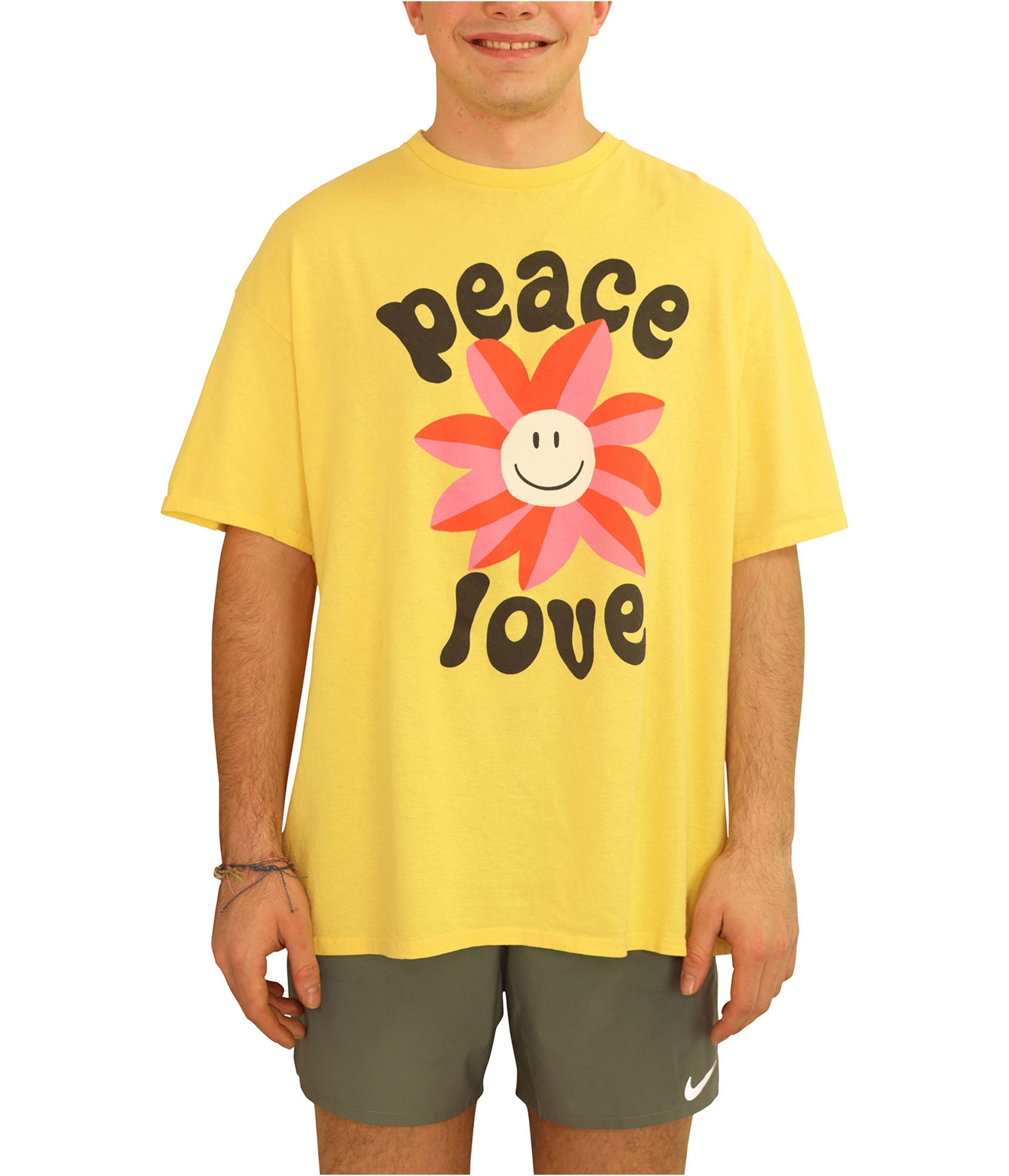Junk Food Mens Peace Love Flower Graphic T-Shirt, yellow, XL
