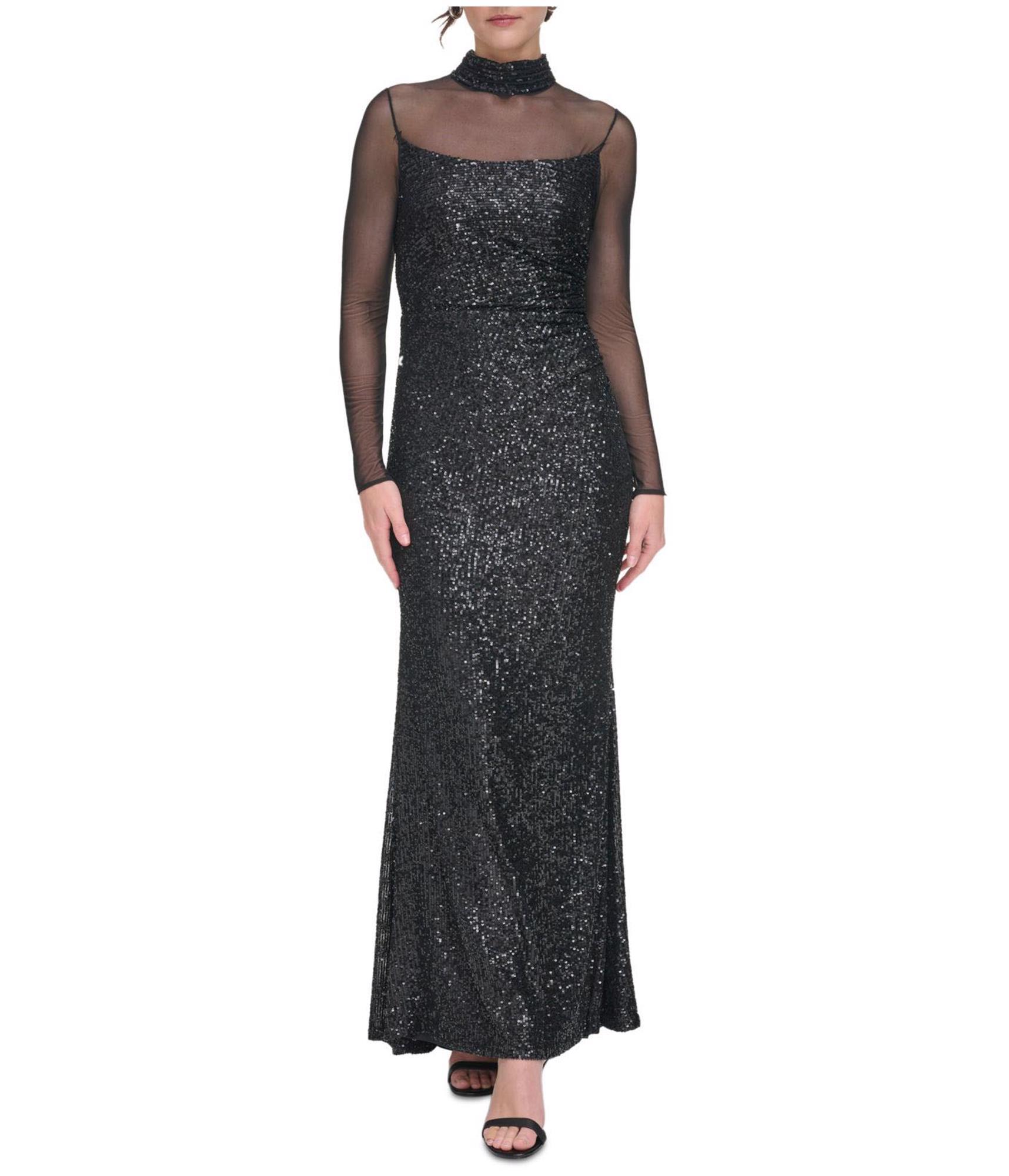 eliza j black sequin dress Eliza J Women's Black Sequinned Lined Faux-Wrap Fit & Flare Dress Size 6