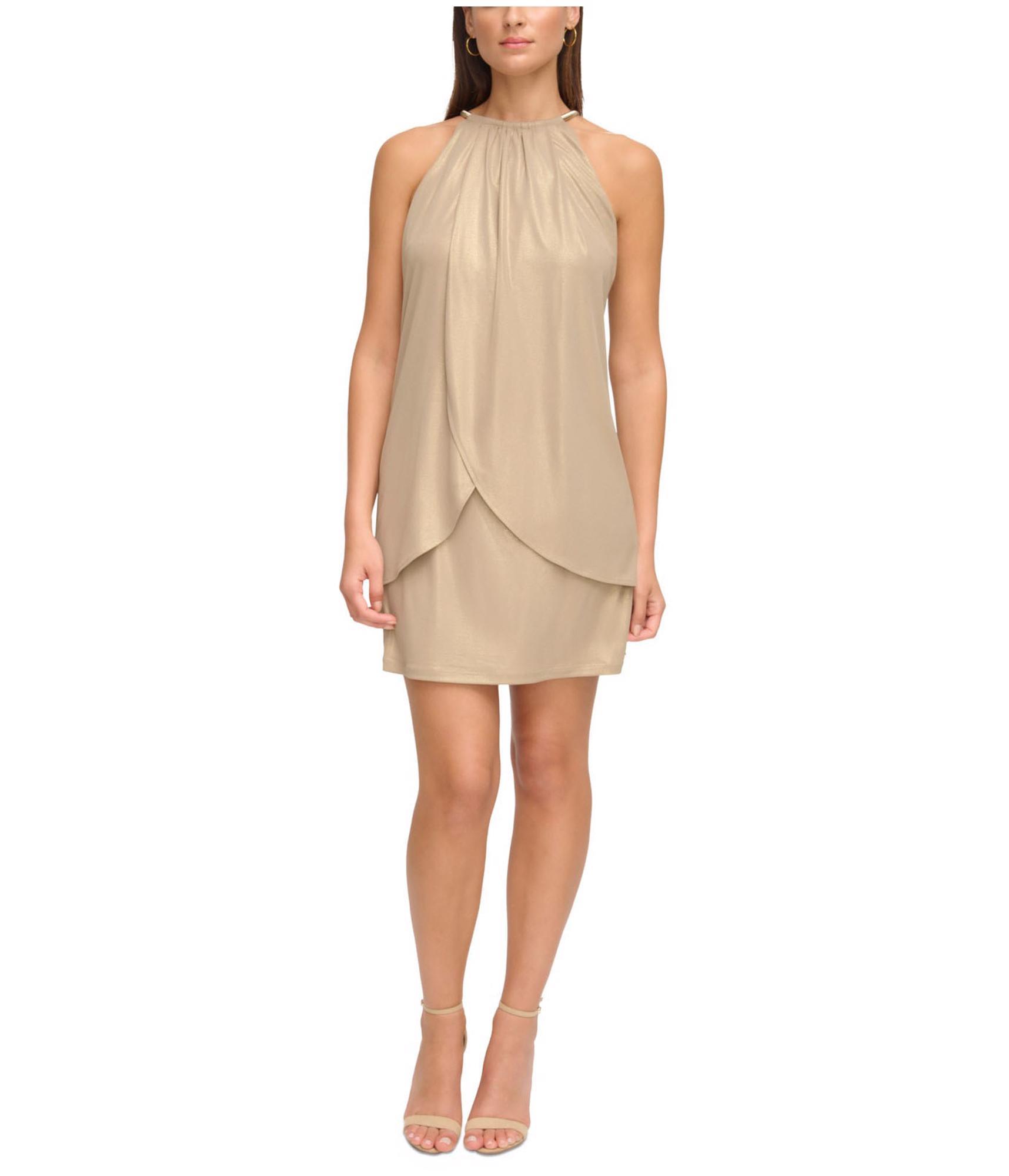 kensie metallic dress kensie Metallic Belted A-Line Dress - Black