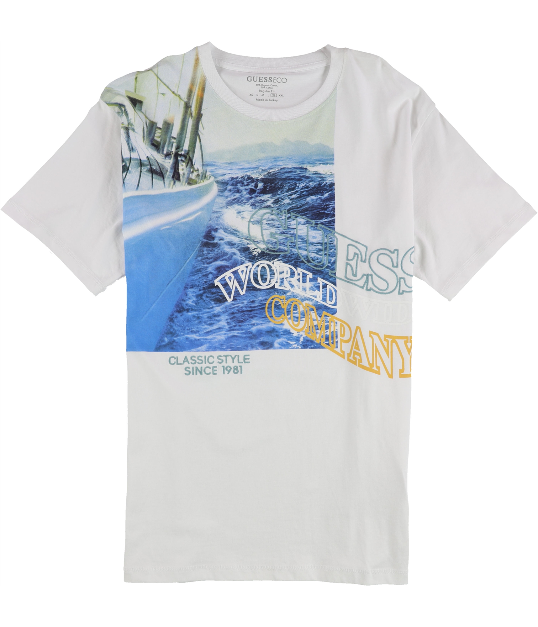GUESS Mens World Wide Company Graphic T-Shirt, Multicoloured, X-Large