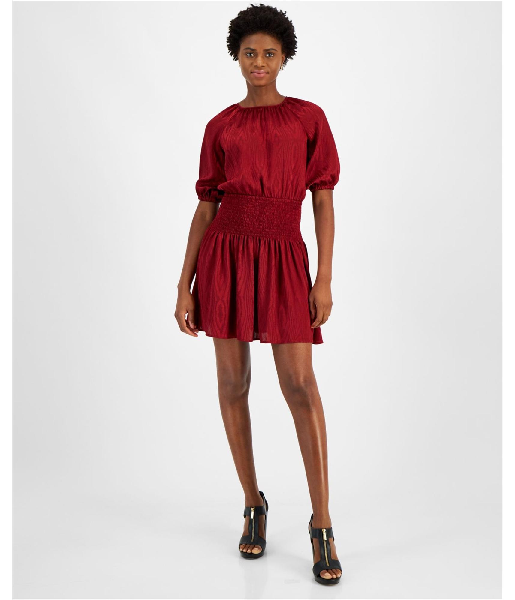 Michael Kors Womens Satin Smocked Mini Dress, Red, Medium