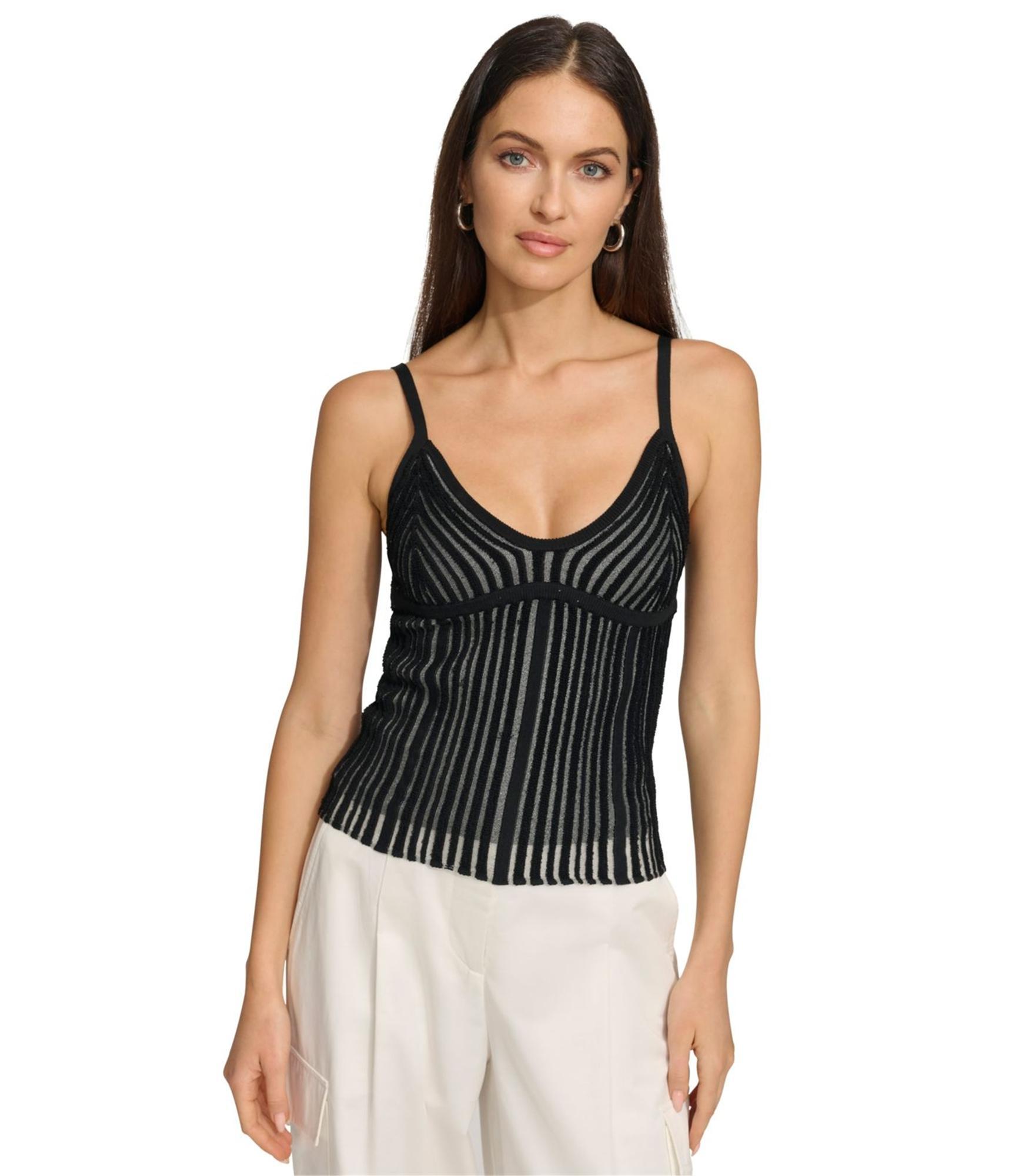 DKNY Womens Striped Tank Top, Black, Large