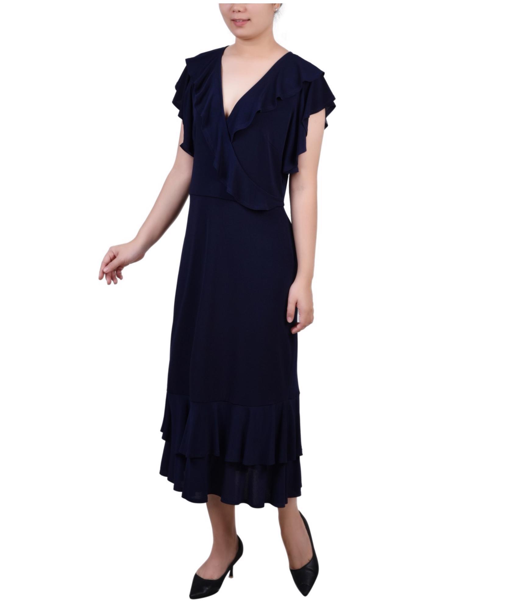 NY Collection Womens Flutter Sleeve Ruffled Dress