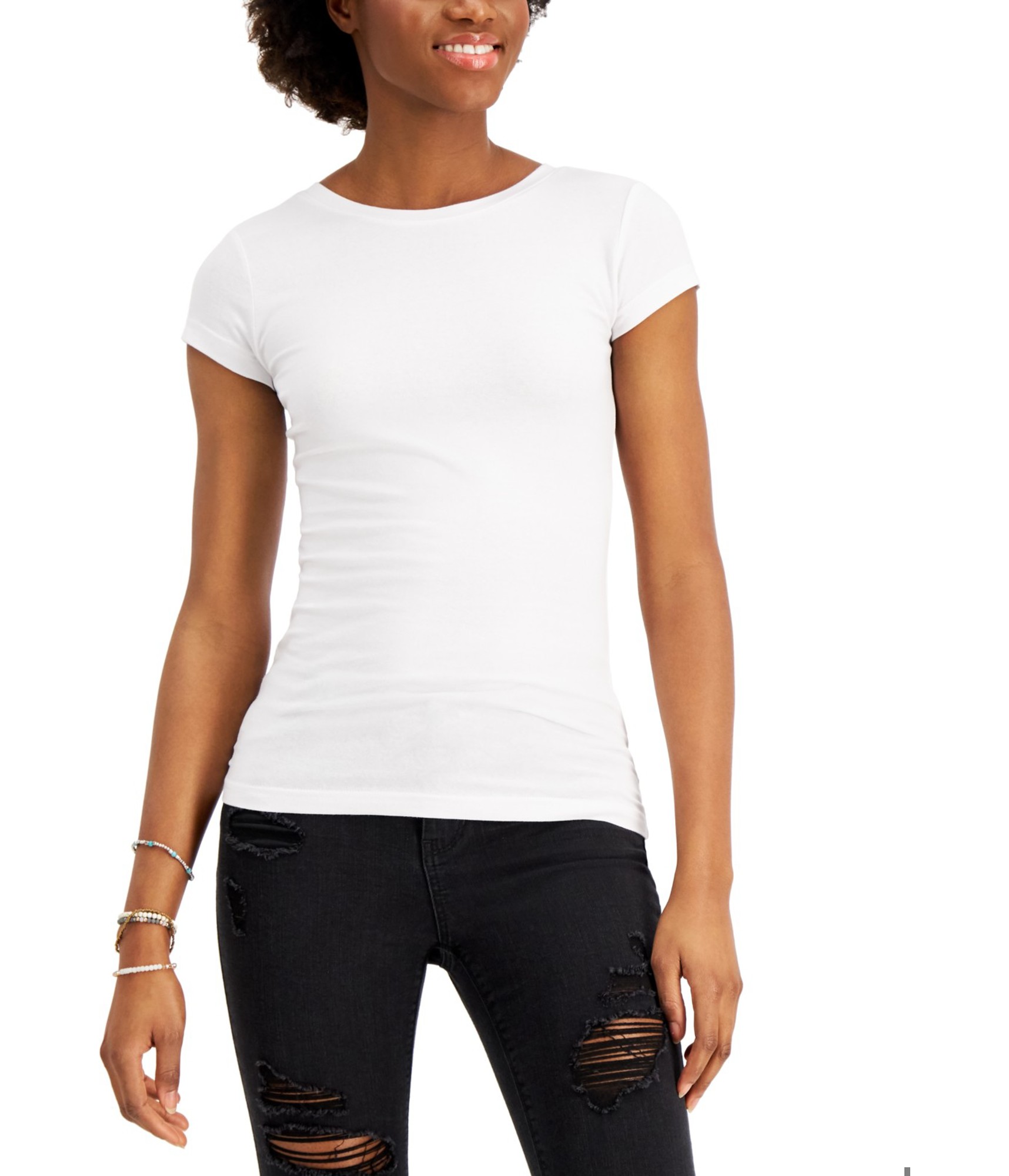 Aveto Womens Cap Sleeve Solid Basic T-Shirt, white, Juniors, M