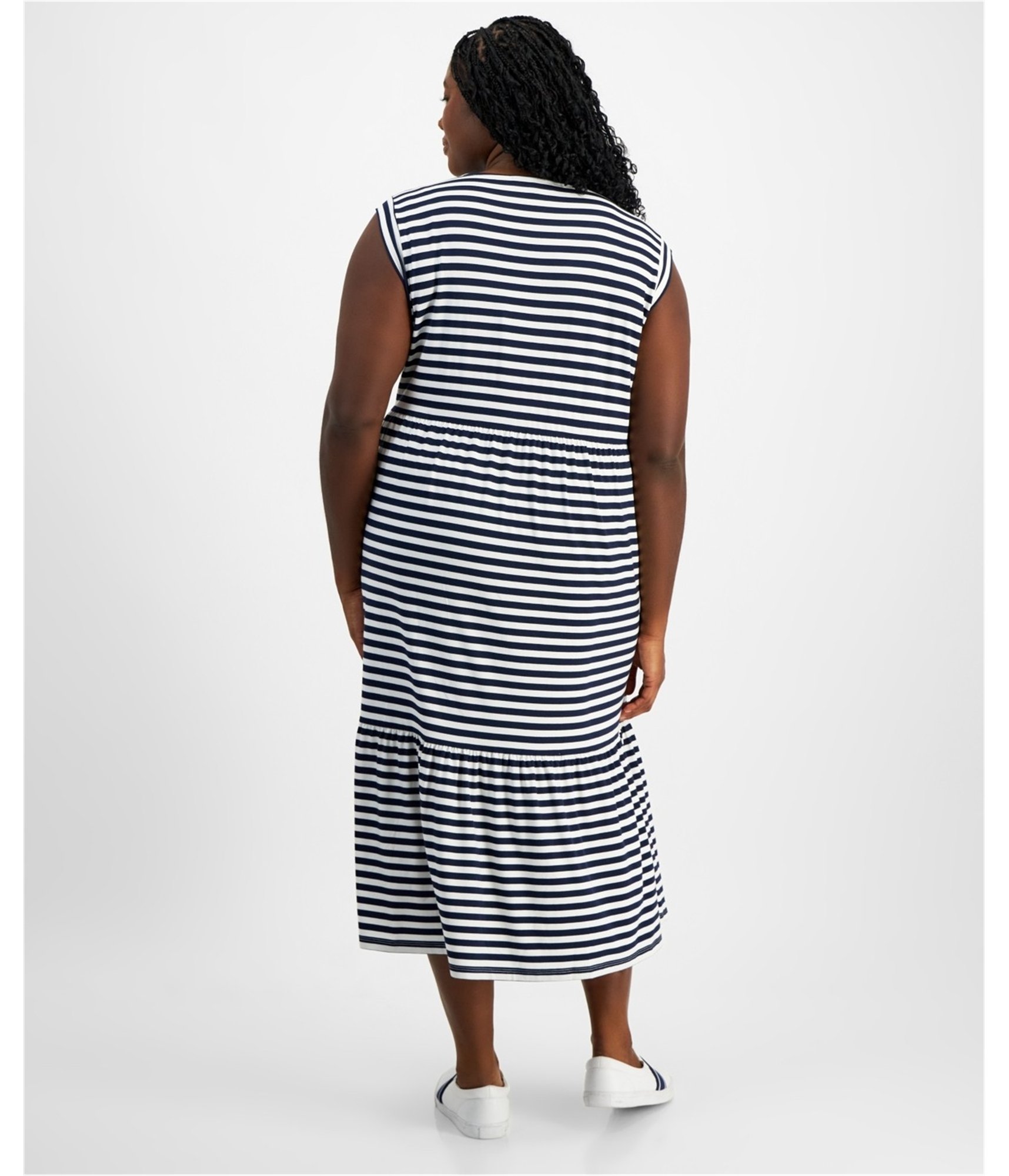 Tommy Hilfiger Womens Striped Sleeveless Tiered Midi Dress - Picture 3 of 6